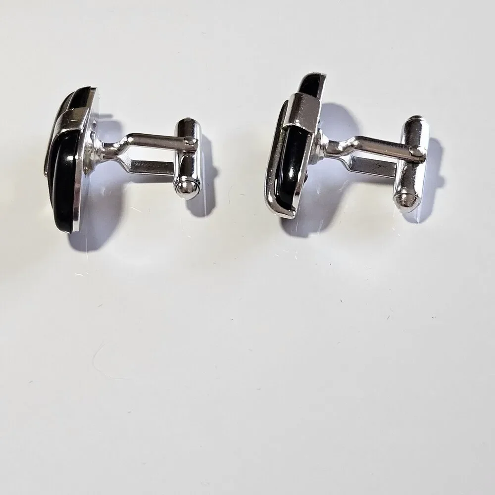 Vintage Anson Silver Tone Black Stone Cufflinks IOB